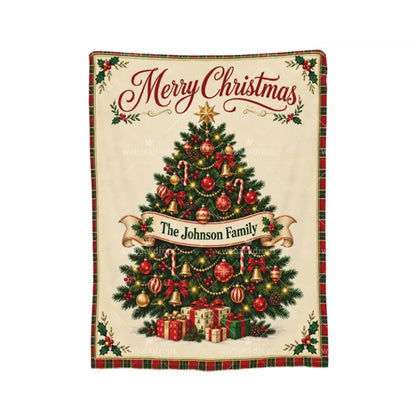 Personalized Christmas blanket with custom family name, Merry Christmas lettering, decorated tree and plaid border.