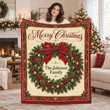 Woman holding a personalized Christmas wreath blanket with a red bow, evergreen wreath, and The Johnson Family name in a festive living room.