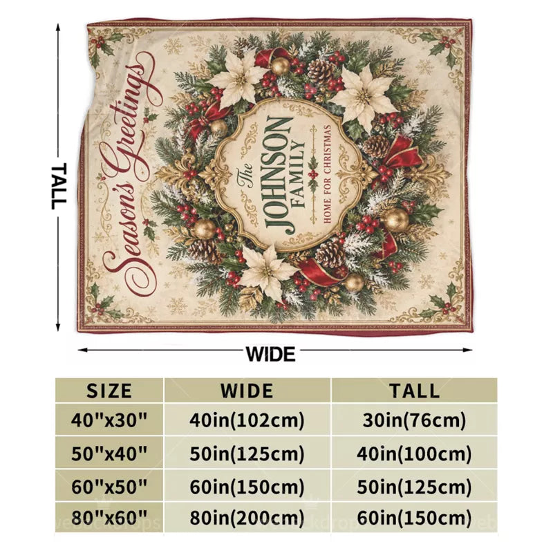 Size guide showing four available dimensions for a personalized Christmas wreath flannel blanket, with width and height measurements.