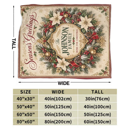 Size guide showing four available dimensions for a personalized Christmas wreath flannel blanket, with width and height measurements.
