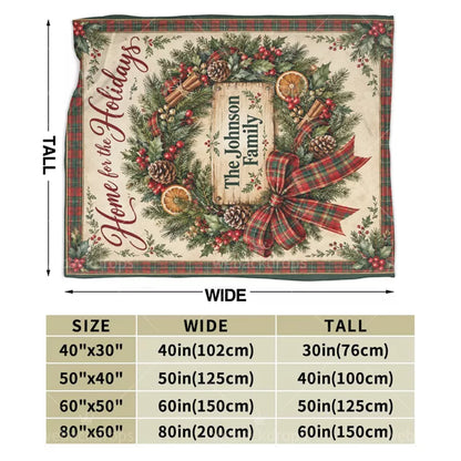 Size guide for the personalized farmhouse Christmas wreath blanket showing four available blanket dimensions and width and height measurements.