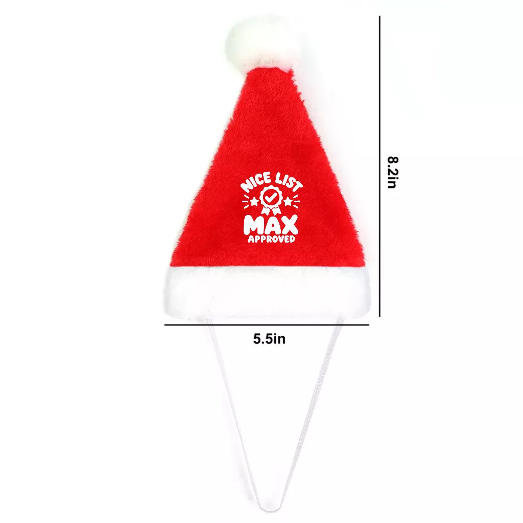 Size guide showing the dimensions of a personalized pet Santa hat, approximately 5.5 inches wide and 8.2 inches tall.