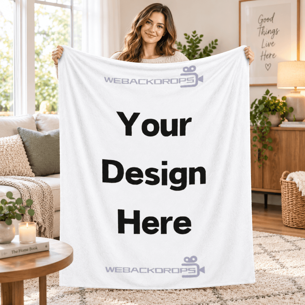 Woman holding a personalized custom flannel blanket in a cozy living room