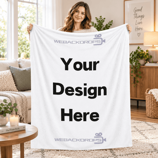 Woman holding a personalized custom flannel blanket in a cozy living room