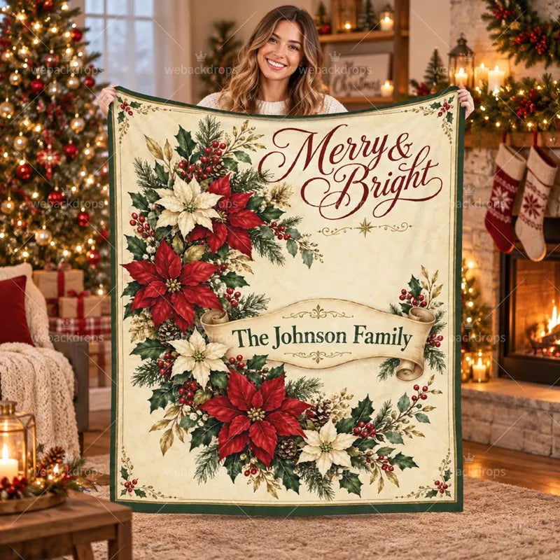 Woman holding a personalized Christmas blanket with red and ivory poinsettias, Merry & Bright lettering, and The Johnson Family on a vintage scroll.