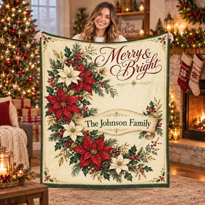 Woman holding a personalized Christmas blanket with red and ivory poinsettias, Merry & Bright lettering, and The Johnson Family on a vintage scroll.