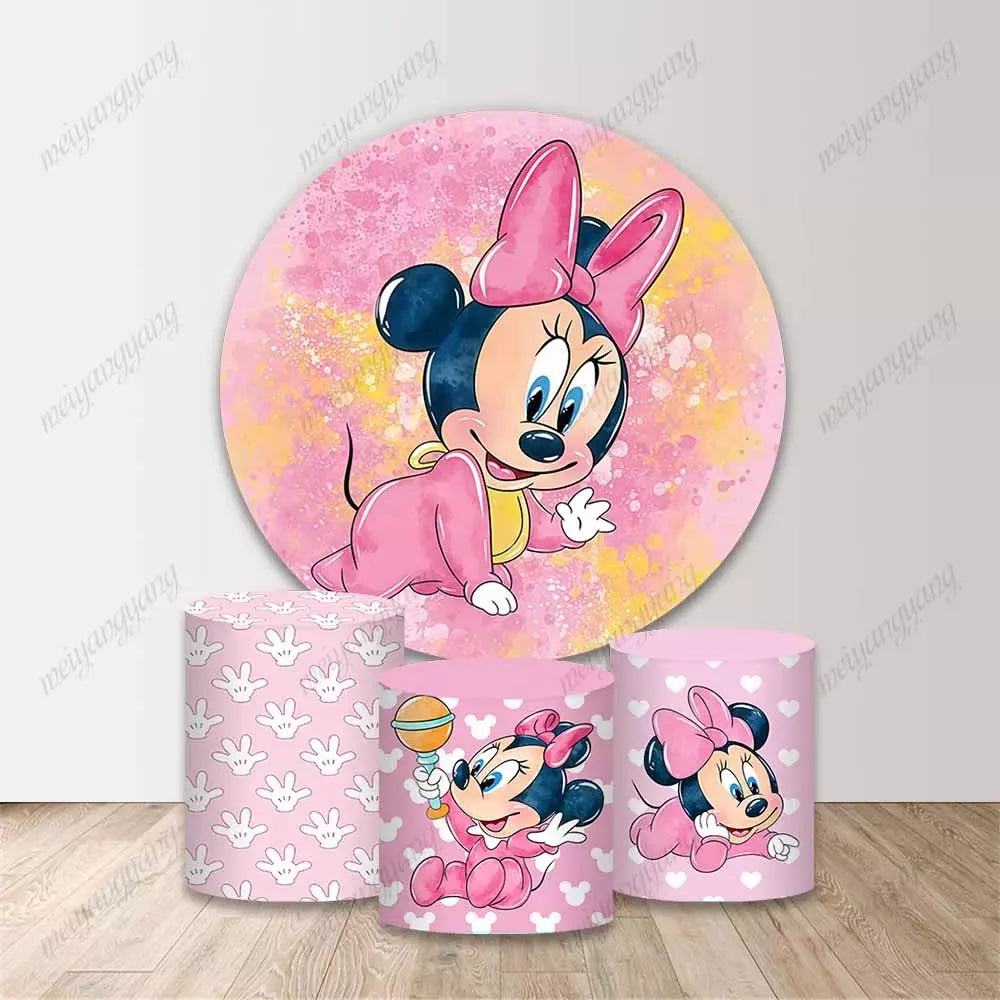 Pink Baby Minnie Mouse Round Background Children's Birthday Party Decoration Baby Shower Photo Studio Photography Background