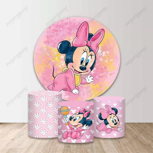Pink Baby Minnie Mouse Round Background Children's Birthday Party Decoration Baby Shower Photo Studio Photography Background