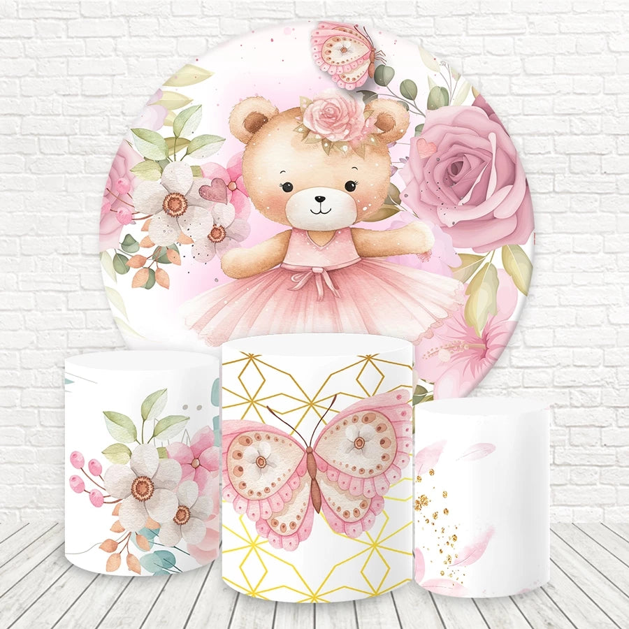 Pink Ballerina Bear Backdrop Girl Birthday Decor