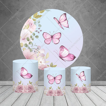 Pink Butterfly Floral Party Round Backdrop