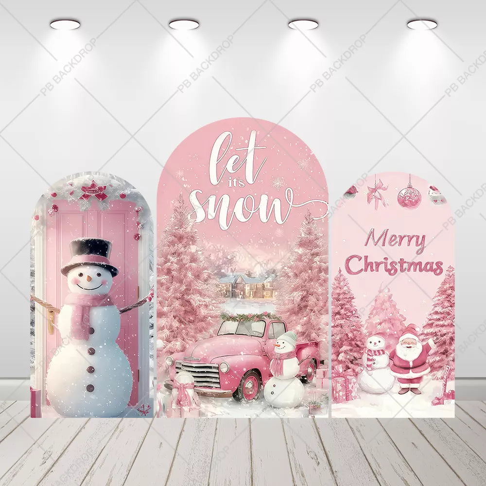 Pink Christmas Arch Backdrop Truck Snowman Santa Arched Background