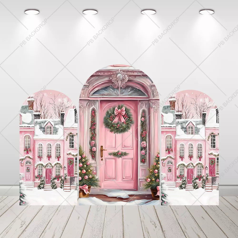 Pink Christmas House Arch Backdrop Winter Snowy House Door Wreath Arched Background