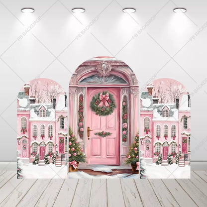 Pink Christmas House Arch Backdrop Winter Snowy House Door Wreath Arched Background