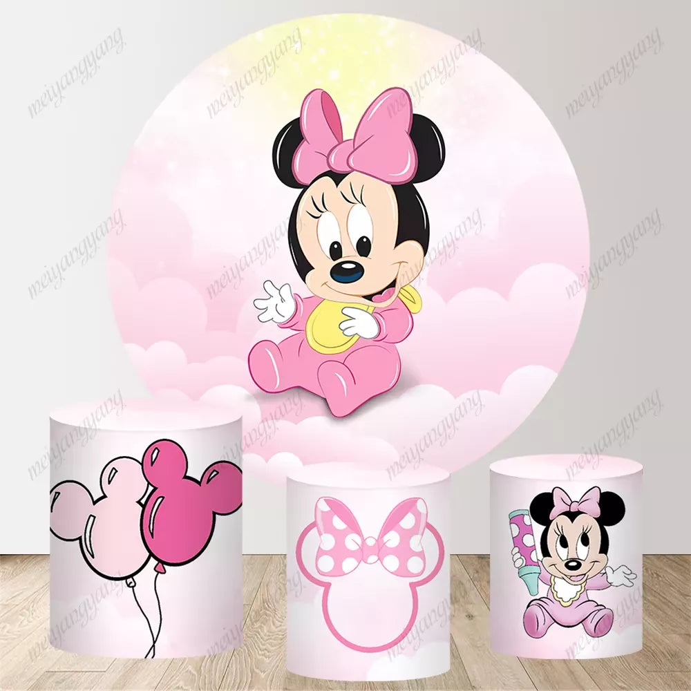 Pink Girl Minnie Mouse Round Photography Background Baby Shower Girl Happy Birthday Party Background