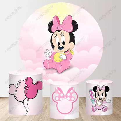Pink Girl Minnie Mouse Round Photography Background Baby Shower Girl Happy Birthday Party Background