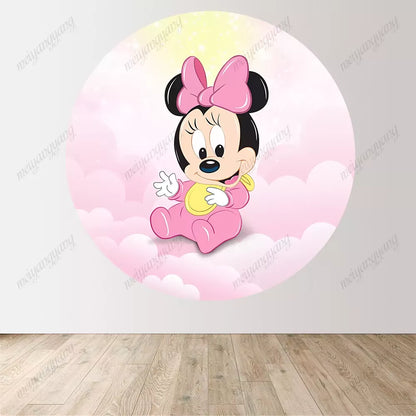 Pink Girl Minnie Mouse Round Photography Background Baby Shower Girl Happy Birthday Party Background