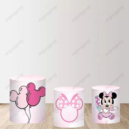 Pink Girl Minnie Mouse Round Photography Background Baby Shower Girl Happy Birthday Party Background