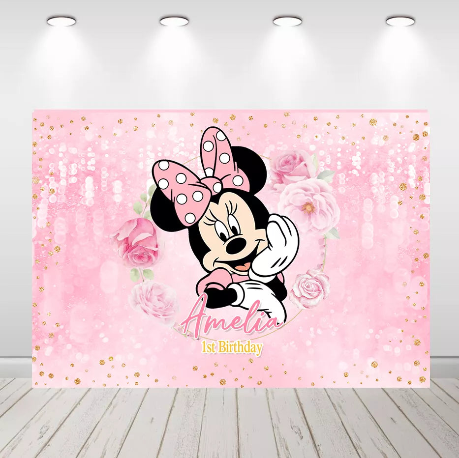 Pink Glitter Floral Minnie Mouse 1st Birthday Backdrop Girl Baby Shower Photo Banner