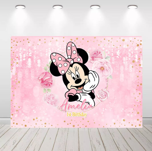 Pink Glitter Floral Minnie Mouse 1st Birthday Backdrop Girl Baby Shower Photo Banner