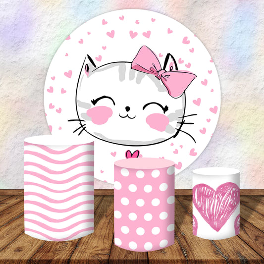 Pink Kitty Cat Hearts Round Backdrop