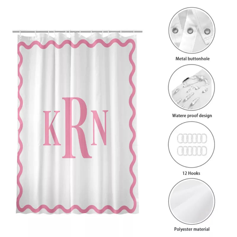 Product features of a white shower curtain with pink wavy border, showing metal grommets, waterproof design, 12 hooks, and polyester material.