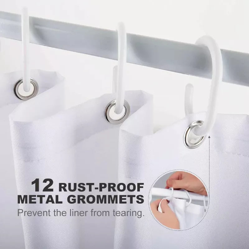 Close-up of white shower curtain hooks and rust-resistant metal grommets, highlighting the reinforced hanging holes.