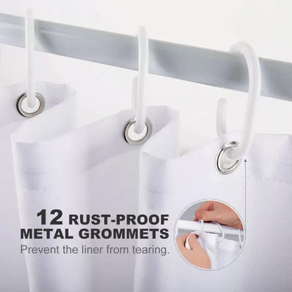 Close-up of white shower curtain hooks and rust-resistant metal grommets, highlighting the reinforced hanging holes.
