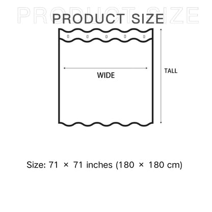 Shower curtain size chart showing six available widths from 100 to 180 cm, each with a height of 180 cm.