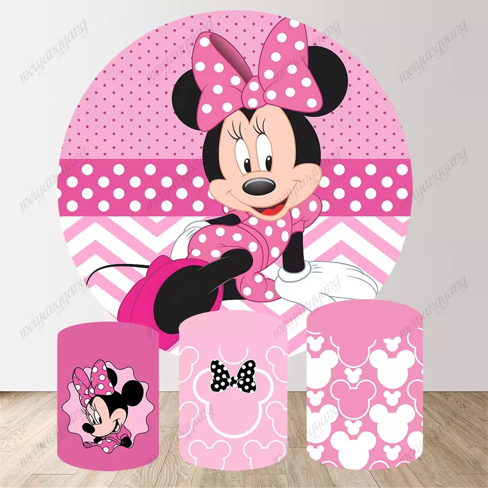 Pink Polka Dot Minnie Mouse Round Backdrop For Baby Shower Kids 1st Birthday Party