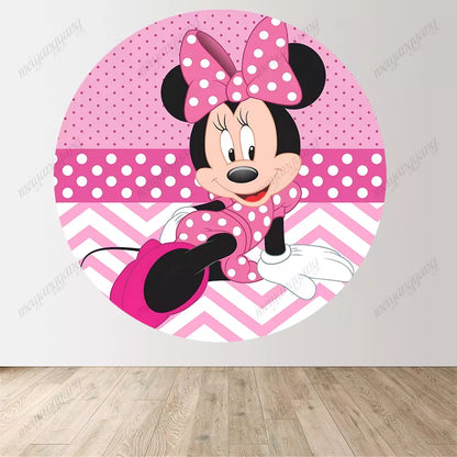 Pink Polka Dot Minnie Mouse Round Backdrop For Baby Shower Kids 1st Birthday Party