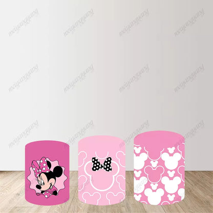Pink Polka Dot Minnie Mouse Round Backdrop For Baby Shower Kids 1st Birthday Party