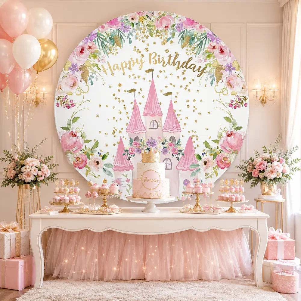 Floral Castle Princess Birthday Party Baby Shower Round Backdrop