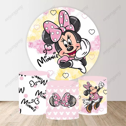 Pink Yellow Heart Minnie Mouse Round Backdrop Cover Kids Newborn Birthday Party Decor Photo Background