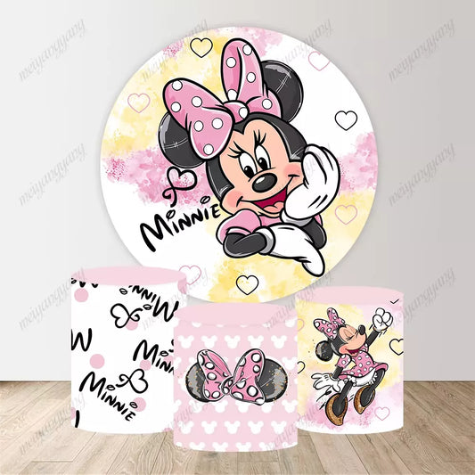 Pink Yellow Heart Minnie Mouse Round Backdrop Cover Kids Newborn Birthday Party Decor Photo Background