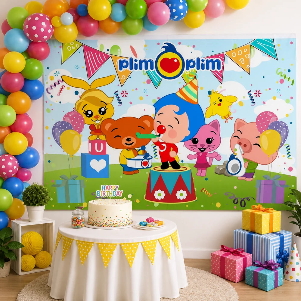 Plim Plim cartoon birthday backdrop banner with colorful characters, balloons and party decorations for a kids birthday party.