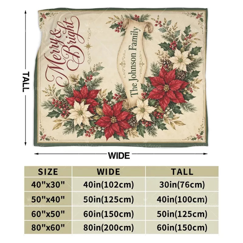 Size guide for a personalized poinsettia Christmas blanket showing four available sizes with width and height measurements.