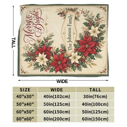 Size guide for a personalized poinsettia Christmas blanket showing four available sizes with width and height measurements.