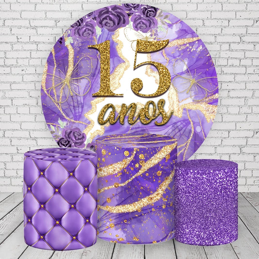 Quinceanera Purple Gold Round Backdrop