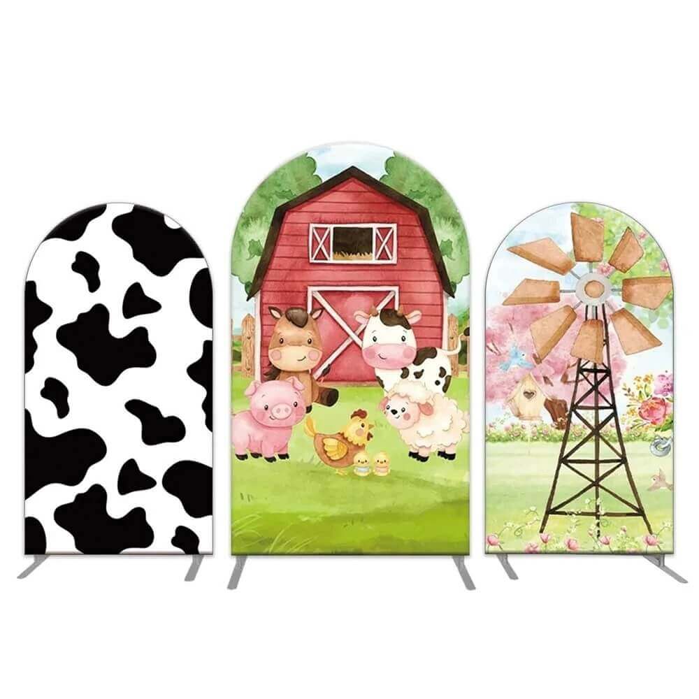 Farm Pattern Backdrop Farm Animals Arch Backdrop Set with Red Barn and Cow Print – webackdrops