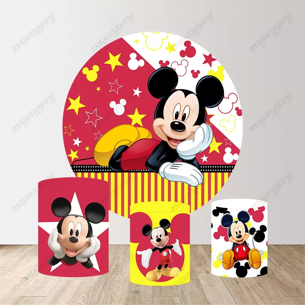 Red Mickey Mouse Round Backdrop Cover Girls Birthday Party Baby Shower Circle Background