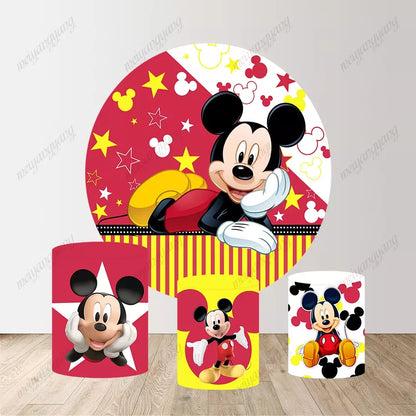 Red Mickey Mouse Round Backdrop Cover Girls Birthday Party Baby Shower Circle Background