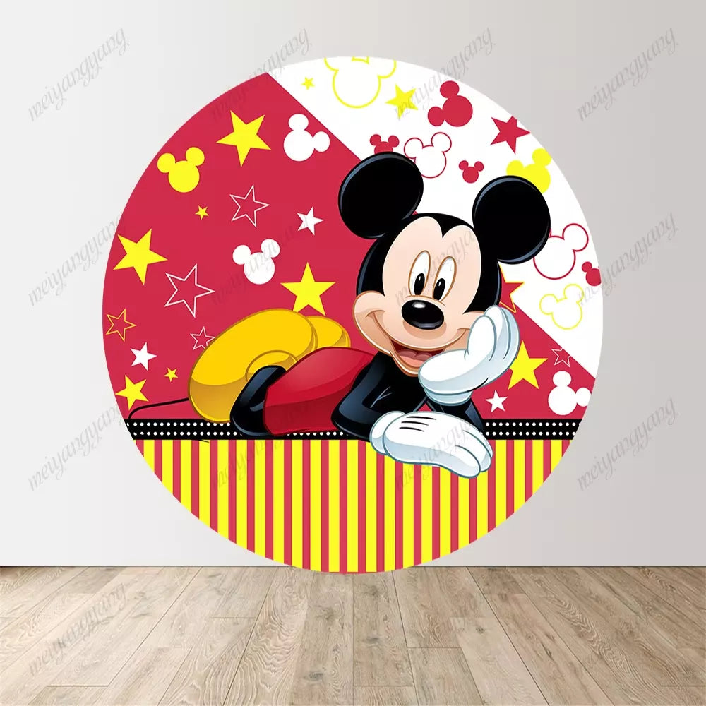 Red Mickey Mouse Round Backdrop Cover Girls Birthday Party Baby Shower Circle Background