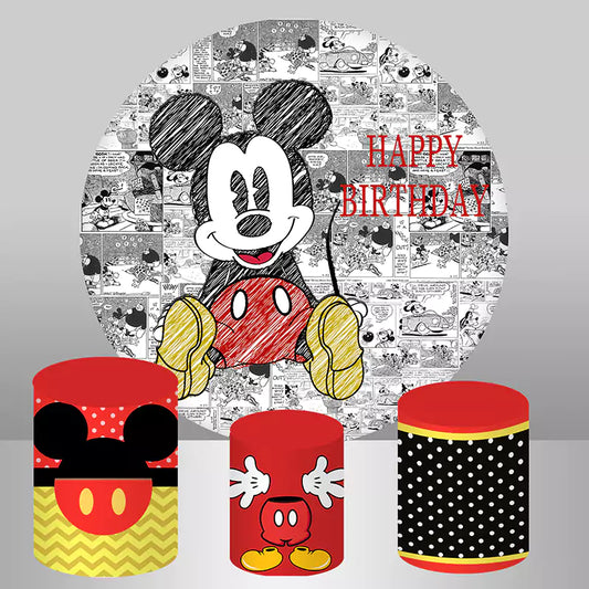 Retro Comic Mouse Round Backdrop for Boys Baby Shower Birthday