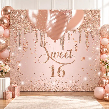 Sweet 16 Rose Gold Glitter Birthday Party Backdrop Photography Background Photo Studio Banners