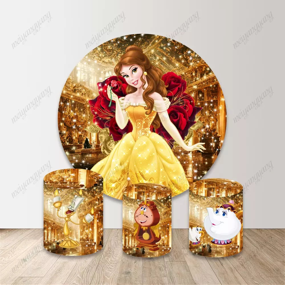 Round Beauty and the Beast Princess Belle Background Girl Birthday Party Backdrop