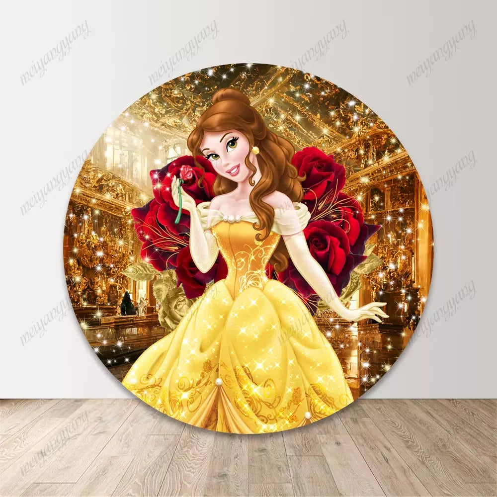 Round Beauty and the Beast Princess Belle Background Girl Birthday Party Backdrop