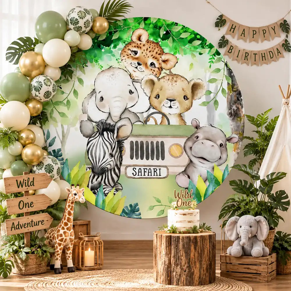Safari Animals Theme Baby Shower Birthday Party Round Fabric Backdrop