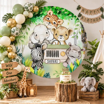 Safari Animals Theme Baby Shower Birthday Party Round Fabric Backdrop