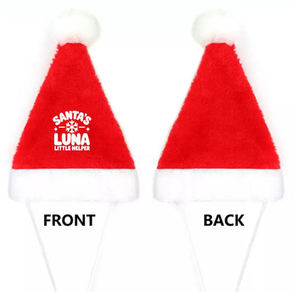 Front and back views of a festive red pet Santa hat with a personalized snowflake name design and fluffy white trim.