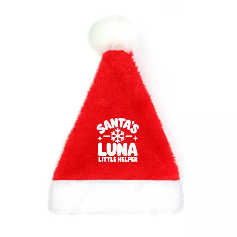 Red plush pet Santa hat featuring a personalized LUNA name, white snowflake, and Santa's Little Helper design.
